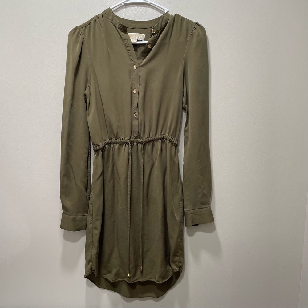 Michael Kors Olive Green Long Sleeve Tie Waist Dress